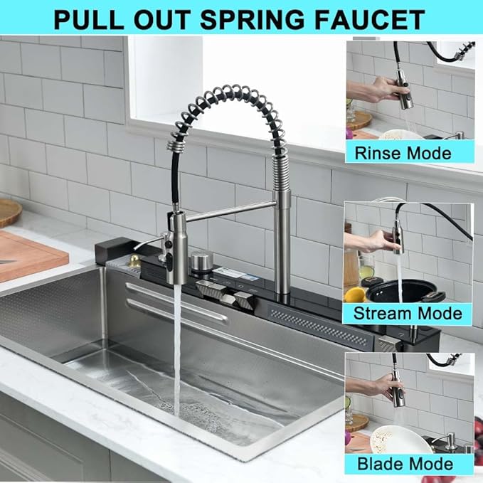 30 Inch Waterfall Smart Kitchen Sink -Wesliv 30x18 Waterfall Kitchen Sink Stainless Steel Digital Display Pull-Out Faucet 18 Guage Single Bowl Sinks with Cup Washer & Soap Dispenser