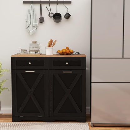 Giantex Kitchen Island with Tilt Out Trash Can Cabinet 10 Gallon, Power Outlet, 2 Drawers, Adjustable Shelves, Hidden Storage Garbage Bin Cabinet for Dining Room Laundry Room (Black+Walnut)