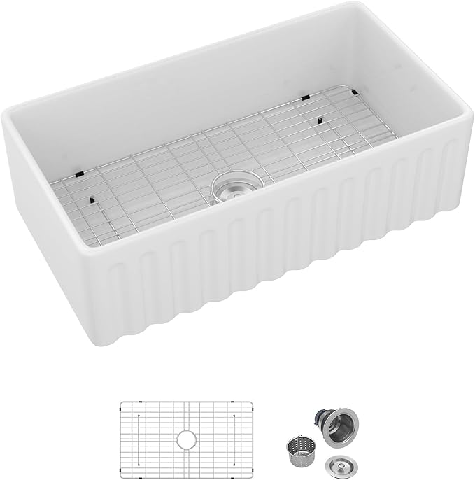 White Farmhouse Sink 33 Inch Fireclay Reversible Apron Front Farm Sink 33"x18"x10" Glossy White Porcelain Farms House Style Single Bowl Farmhoues kitchen Sinks with Luxury Accessories