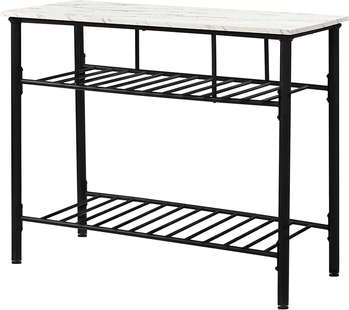 Multifunctional Counter Height Kitchen Dining Room Prep Table Kitchen Island, Kitchen Storage Rack with Large Worktop & Shelves, Console Side Table for Living Room, Faux Marble Tabletop (C) (A)