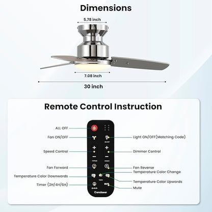 Conciseer 30 Inch Ceiling Fans with Lights and Remote, Bedroom Living Room Office, Flush Mount, 3CCT Dimmable, Dual Color 3 Blades 6 Speed Reversible Quiet DC Motor, Chrome-Plated/Wood Grain