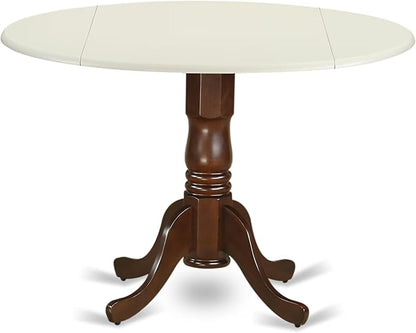 East West Furniture DLT-LMA-TP Dublin Modern Kitchen Table - a Round Dining Table Top with Dropleaf & Pedestal Base, 42x42 Inch, Linen White & Mahogany