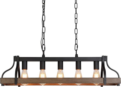MEIXISUE Rustic Kitchen Island Dining Room Light Fixture Farmhouse Linear Chandelier Black and Retro Wood Finish 5-Light Industrial Metal Hanging Pendant Light UL Listed L33.5 W10.6