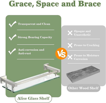Alise Glass Shelves for Bathroom Wall, Tempered Glass Bathroom Shelf Wall Mounted, Modern Space Saving Floating Shelves 12 inch, Brushed Nickel
