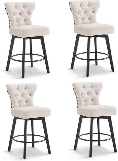 KISLOT Counter Height Barstools 26 inch Upholstered Button Tufted Swivel Bar Stools with Back for Kitchen Island,Set of 4,Beige Fabric