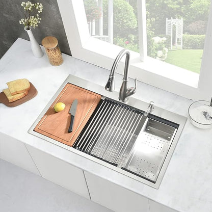30 Inch Drop in Kitchen Sink, 30x22 Single Bowl Drop in Sink Kitchen Topmount Workstation 16 Gauge Stainless Steel Sink Deep Basin with Offset Drain