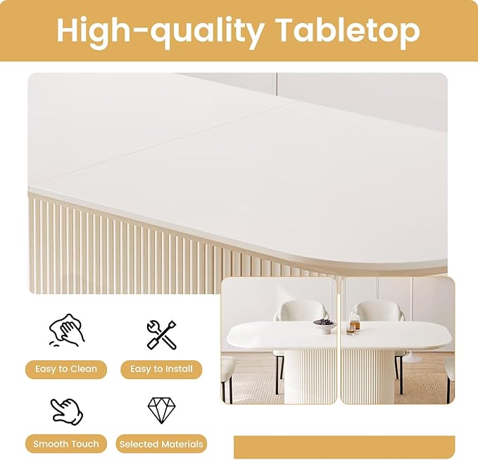 Miuuod 70" Extra Lage Dining & Kitchen Table Set,Kitchen Table with 4 Chairs,Large Oval Dinner Table with Round Corner for Dining Room,Living Room Furniture,Console Table Cream White