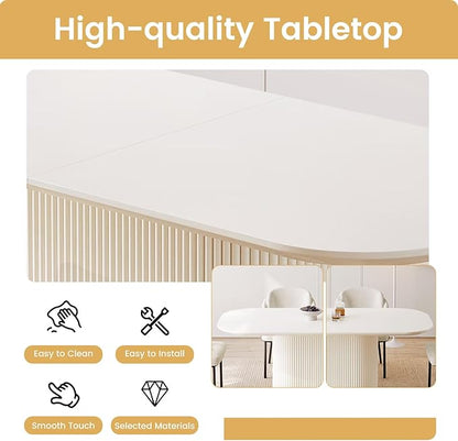 Miuuod 70" Extra Large Dining & Kitchen Table Set, Solid Kitchen Table with 6 Chairs,Large Oval Dinner Table with Rounded Corners for Dining Room,Living Room Furniture,Cream White