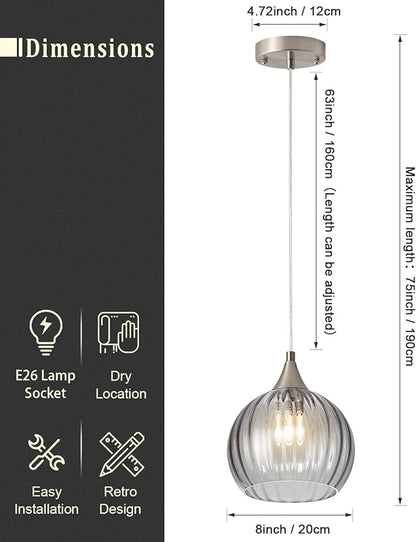 Brushed Nickel Pendant Lights Kitchen Island, Globe Pendant Light Fixtures with 8 Inch Clear Glass Shade, Modern Hanging Light Fixtures for Kitchen, Bedroom (2 Pack - Gray Glass Pendant Light)