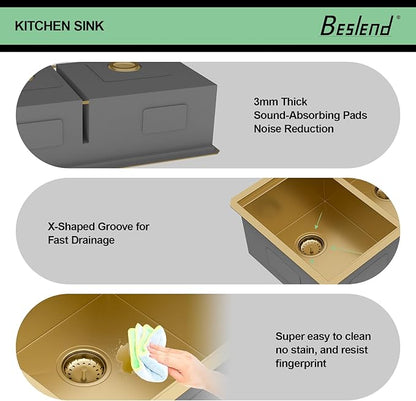 30 Gold Undermount Kitchen Sink - Beslend 30x19 Gold Double Bowl Kitchen Sinks Workstation 16 Gauge Stainless Steel Golden Sink Low Divide Double Basin 60/40