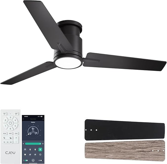CJOY Ceiling Fan with Lights, 48 Inch Low Profile Ceiling Fans with Light and Remote, Reversible DC, Flush Mount, 3CCT，Dimmable, Modern Indoor/Outdoor Design for Bedroom, Living Room, Patio, Kitchen