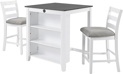 Bar Table Set with Charging Station & 3-Tier Storage, Space-Saving Dining Table Set for 2 with Upholstered Chairs, Small Kitchen Island for Apartment (30 Inch+Off White)