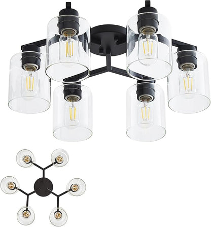 YYT 6-Light Semi Flush Mount Ceiling Light Fixture, Black Light Fixtures for Dining Room Ceiling, Large Kitchen Lighting Fixtures Ceiling for Living Room with Clear Glass Shade