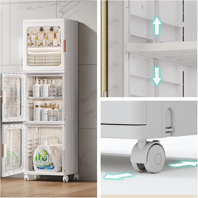 3-Tier Slim Bathroom Storage Cabinet with Doors and Movable Wheels Plastic Organizers and Storage Cabinets Small Spaces for Bathroom Pantry Kitchen Laundry Room Quick Assembly White