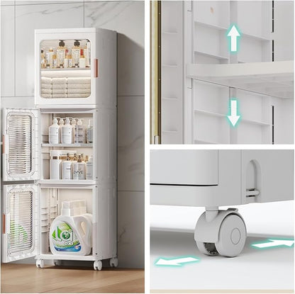 3-Tier Slim Bathroom Storage Cabinet with Doors and Movable Wheels Plastic Organizers and Storage Cabinets Small Spaces for Bathroom Pantry Kitchen Laundry Room Quick Assembly White