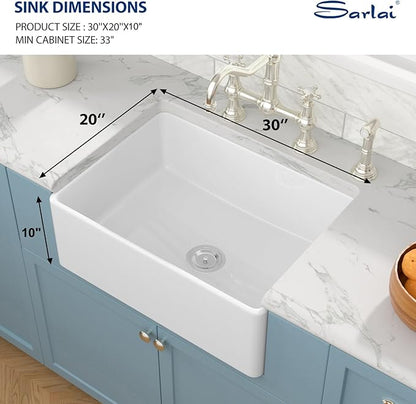Sarlai 30 White Farmhouse Sink - 30 x 20 Inch Apron Front Kitchen Sink Farm Farmer Sinks White Ceramic Fireclay Single Bowl Basin