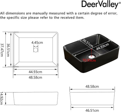 DeerValley Ally 19x15 Inch Matte Black Rectangular Vessel Sink, Above Counter Ceramic Bathroom Basin, DV-2V031