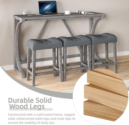 59 inch Bar Table and Chairs Set with Power Outlet,Industrial Counter Height Bar Table with 3 Padded Stools, 4 Pieces Space Saving Breakfast Table Set for Kitchen Dining Room,Grey