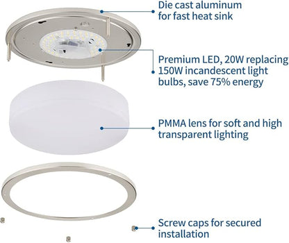 DAKASON 2Pack LED Flush Mount Ceiling Light Fixture 13” 20W, On/Off Switch to Select 3000K/4000K/5000K, Dimmable Ceiling Lamp for Kitchen, Hallway, Stairwell, Brushed Nickel