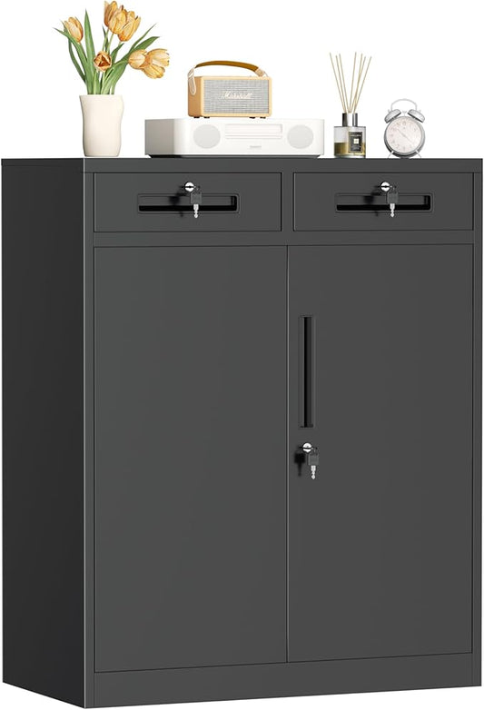 INTERGREAT Metal Garage Storage Cabinets with Lock,Steel Storage Cabinet with 2 Doors and 2 Adjustable Shelves, Small Lockable Office Steel Cabinet for Home, Warehouse, School(Black)