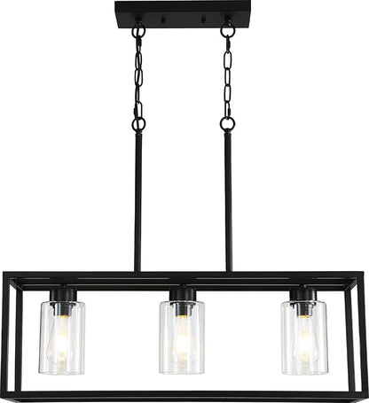 Black 3-Light Dining Room Light Fixture, Modern Farmhouse Chandeliers, Linear Rectangular Kitchen Island Lighting, Industrial Vintage Pendant Lighting with Clear Glass Shade Height Adjustable