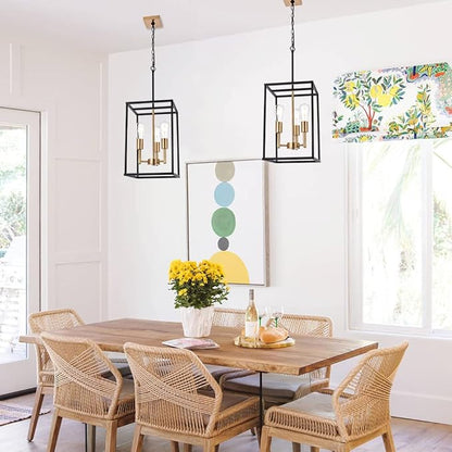 VINLUZ 3 Light Vintage Industrial Pendant Light, Lantern Cage Chandelier in Black and Brushed Brass Finish Classic Hanging Kitchen Lighting for Foyer Dining Room Kitchen Island, Bedroom