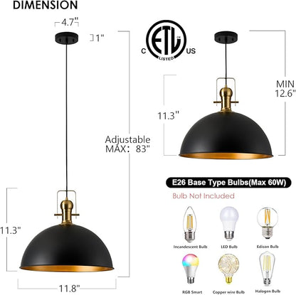 12 Inch Black Farmhouse Pendant Lights Matte Pendant Lights for Kitchen Island Industrial Adjustable Height Vintage Dome Hanging Light Fixtures for Barn, Dining Room 2 Packs