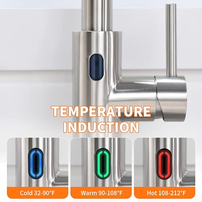 OWOFAN Touchless Kitchen Faucet with Pull Down Sprayer LED Light Single Handle Kitchen Sink Faucet Motion Sensor Smart Hands-Free, Stainless Steel Brushed Nickel 1080SN