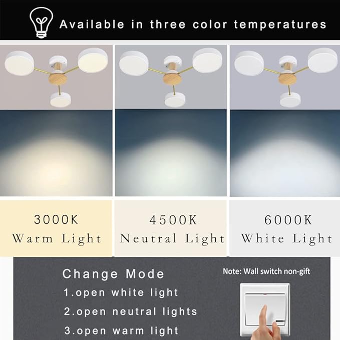 LED Ceiling Light Fixture,26 Inch 3-Lights Modern Ceiling Lights Flush Mount Wooden 24W Dimmable Chandelier for Living Room Bedroom Kitchen,3000K/4000K/6000K Temperatures Selectable White