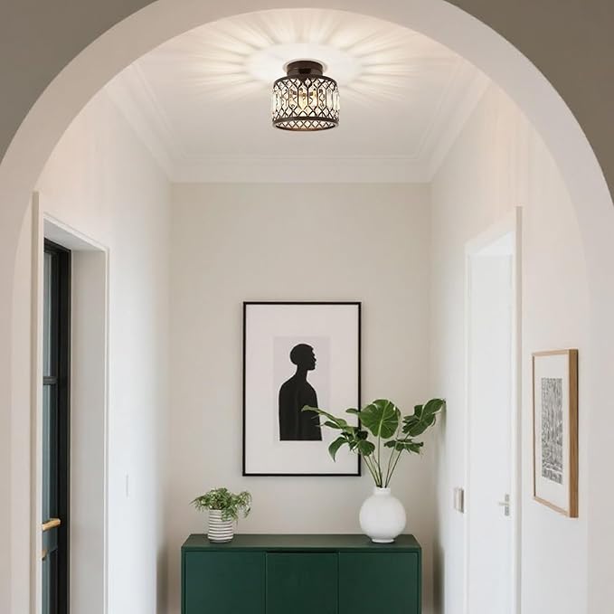 ANWIO Crystal Black Ceiling Light Fixture, Modern Semi Flush Mount Ceiling Light, Small Crystal Chandelier for Kitchen Bedroom Bathroom Entryway, 8inch