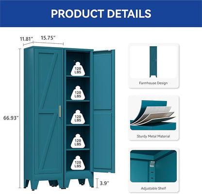 COFaR 67'' Tall Slim Bathroom Storage Cabinet, Metal Narrow Pantry Cabinet with 4 Adjustable Shelves and One Door, Skinny Cabinet Storage for Kitchen Laundry, Peacock Blue Farmhouse 5 Tiers