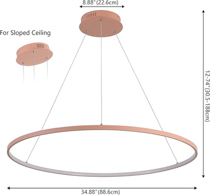 JONATHAN Y 35" Matte Pink Modern Integrated LED Pendant Light, Dimmable Round Hoop Chandelier for Kitchen Island, Dining Room, Adjustable Height Metal Hanging Light (JYL7220B)