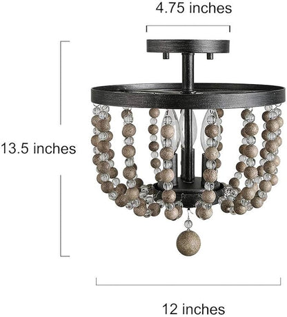 LALUZ Ceiling Light Fixture, 3-Light Bohemian Lighting for Entryway, Foyer, Distressed Wood Bead Chandelier, Dark Silver Brushed, 12 D” x 13.6” H