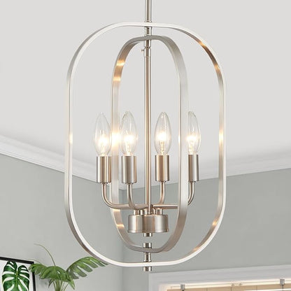 XINGQI 12.2" Modern Brushed Nickel Chandelier Farmhouse 4-Light for Dining Room Small Geometric Adjustable Rustic Pendant Lighting Fixture for Entryway Living Room Kitchen Foyer