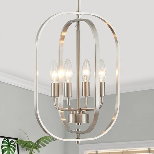 XINGQI 12.2" Modern Brushed Nickel Chandelier Farmhouse 4-Light for Dining Room Small Geometric Adjustable Rustic Pendant Lighting Fixture for Entryway Living Room Kitchen Foyer
