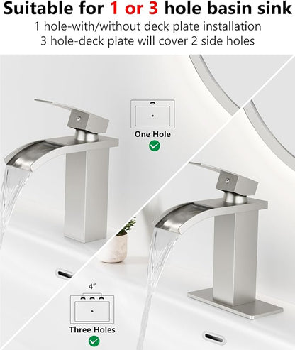 Waterfall Bathroom Faucet 1 Hole, Single Hole Bathroom Faucet, Single Handle Vanity Sink Faucet with Deck Plate, Pop-up Drain & Supply Lines, Brushed Nickel