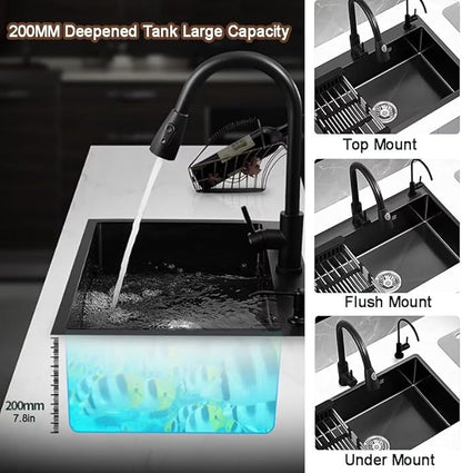 Black Drop in Kitchen Sink, Stainless Steel Single Bowl Sink with 3 Holes, Topmount Workstation Sink, Farmhouse Rectangle Basin with Multiple Accessories (26.8 * 17.7 * 7.9in)