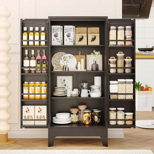 PAOFIN 47" Kitchen Pantry Cabinet, Metal Storage Cabinet with 3 Adjustable Layer Shelves, 8 Door Shelves, Buffet Sideboard for Living Room, Kitchen, Black
