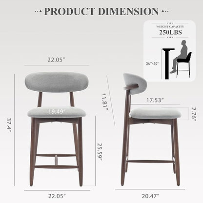 Upholstered Counter Height Bar Stools Set of 2, Kitchen Island Stools with Back, Modern Counter Stools Island Bar Chairs with Wood Legs for Kitchen Island Dining Room Bar, Light Grey
