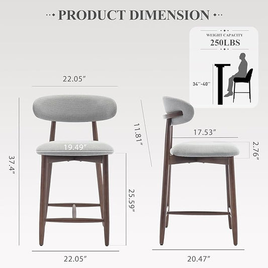 COLAMY Wood Bar Stools Set of 2, Counter Height Bar Stools, Mid Century Modern Stools with Back, 25 Inch Upholstered Wooden for Kitchen Island Dining Room Bar, Light Grey