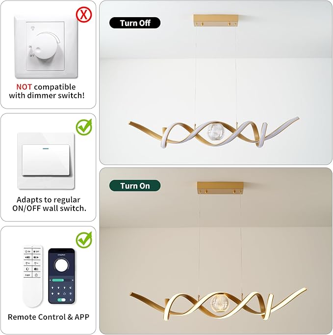 ORANOOR LED Modern Chandeliers for Dining Room, 39in Dimmable Gold Chandelier Kitchen Pendant Lighting Over Island, Linear Wave Spiral Pendant Light Fixtures Dining Room Lights Ceiling Hanging, 36W