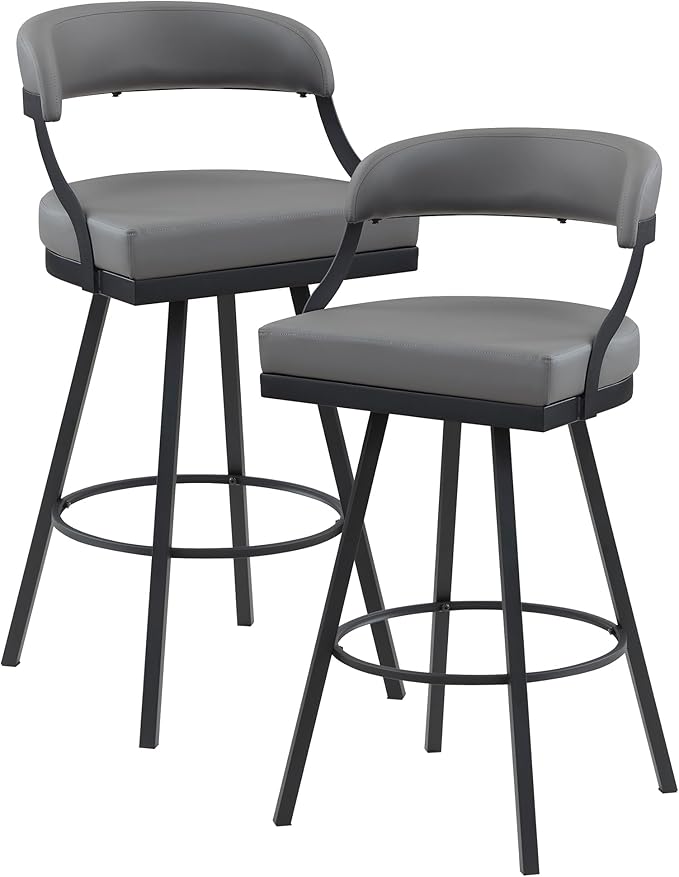 Lexicon Swivel Bar Stools Set of 2 - Bar Height Stools for Kitchen Island, Padded Seat, Open Back, Sturdy Black Metal Frame Finish and Grey Faux Leather Cushion Seat, Grey