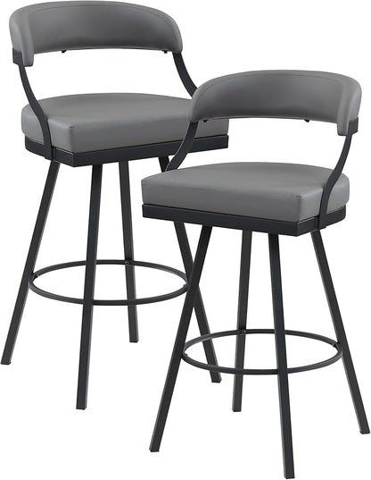 Lexicon Swivel Bar Stools Set of 2 - Bar Height Stools for Kitchen Island, Padded Seat, Open Back, Sturdy Black Metal Frame Finish and Grey Faux Leather Cushion Seat, Grey