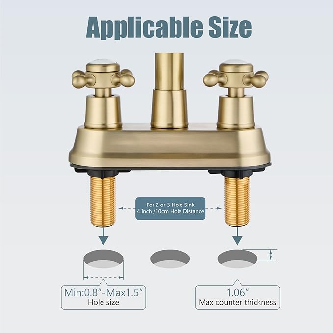 Aolemi 4 Inch Centerset Bathroom Sink Faucet Vintage 2 Cross Handle RV Mixer Tap Basin Vanity Lavatory Utility for Sink 3 Hole Include Hoses Pop Up Drain Faucet Handle with Label Brushed Gold
