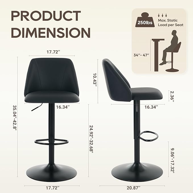 COLAMY Bar Stools Set of 1, Modern Swivel Bar Chairs, Adjustable PU Leather Upholstered Barstools Counter Height with Square Open Back for Bar, Kitchen Island, Dining Room, Black