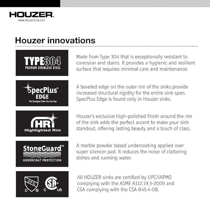 Houzer Medallion Designer Stainless Steel Kitchen Sink: 27 Inch Undermount Single D Bowl Sink with Strainer, Durable & Versatile, Essential for Home & Apartment: MS-2700-1