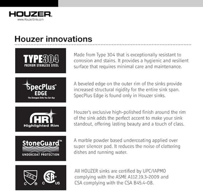 Houzer Medallion Designer Stainless Steel Kitchen Sink: 27 Inch Undermount Single D Bowl Sink with Strainer, Durable & Versatile, Essential for Home & Apartment: MS-2700-1