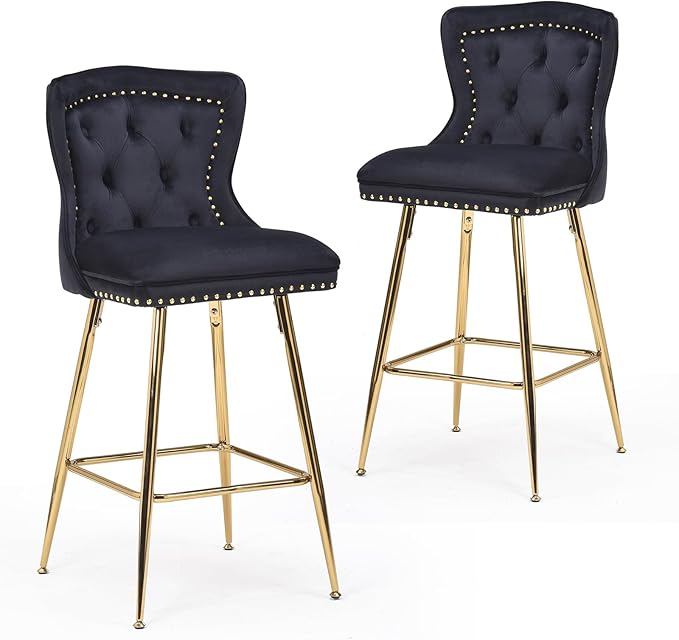Bar Stools Set of 2, Velvet Counter Height Bar Stools with Metal Legs, Button Tufted and Nailheads Trim, Wing Back Bar Chairs for Kitchen Island Dining Room Pub,Black