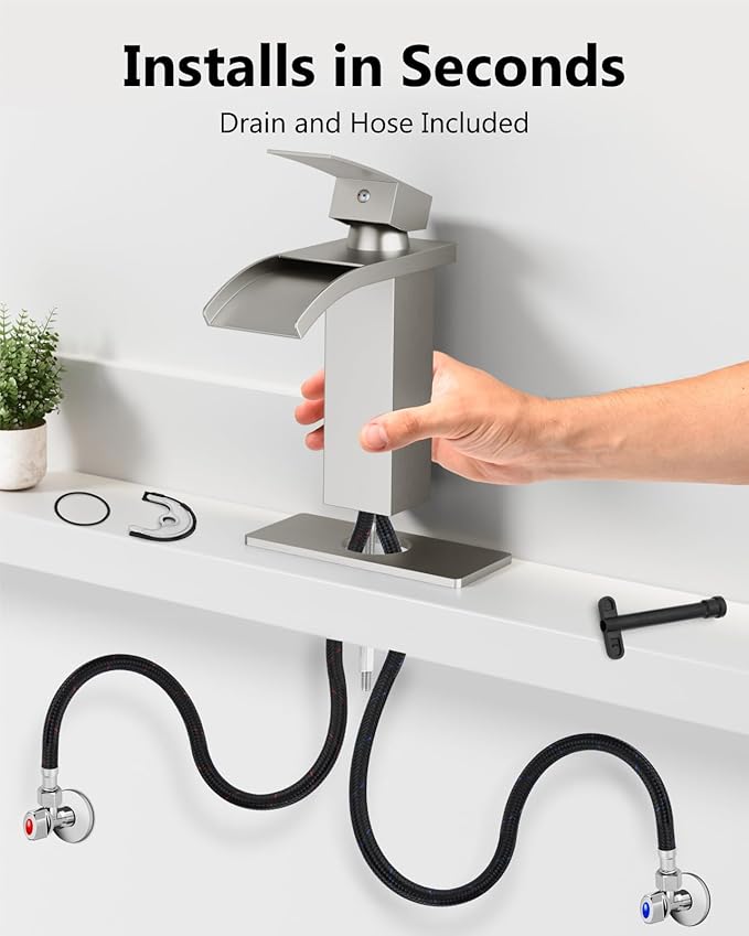 Waterfall Bathroom Faucet 1 Hole, Single Hole Bathroom Faucet, Single Handle Vanity Sink Faucet with Deck Plate, Pop-up Drain & Supply Lines, Brushed Nickel