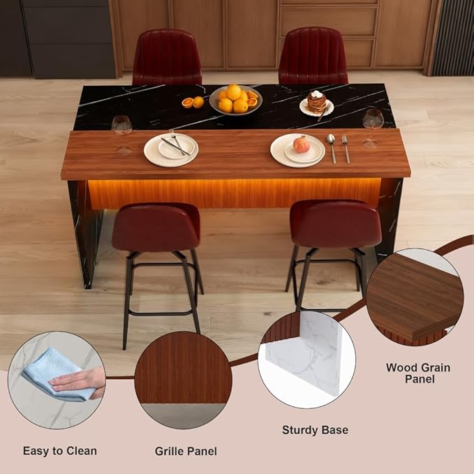 63 Inch Kitchen Island with 4 Deep Brown Bar Stools – White Marble Countertop, Integrated LED Lighting & Grille Design, Multi-Functional Breakfast Bar for Dining Rooms, (Black+4dark Brown)